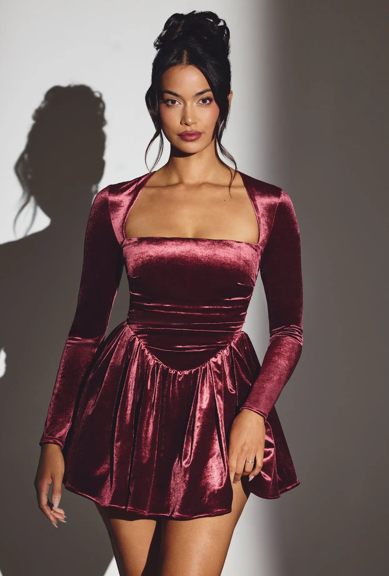 Velvet Long Sleeve Corset Mini Dress in Wine