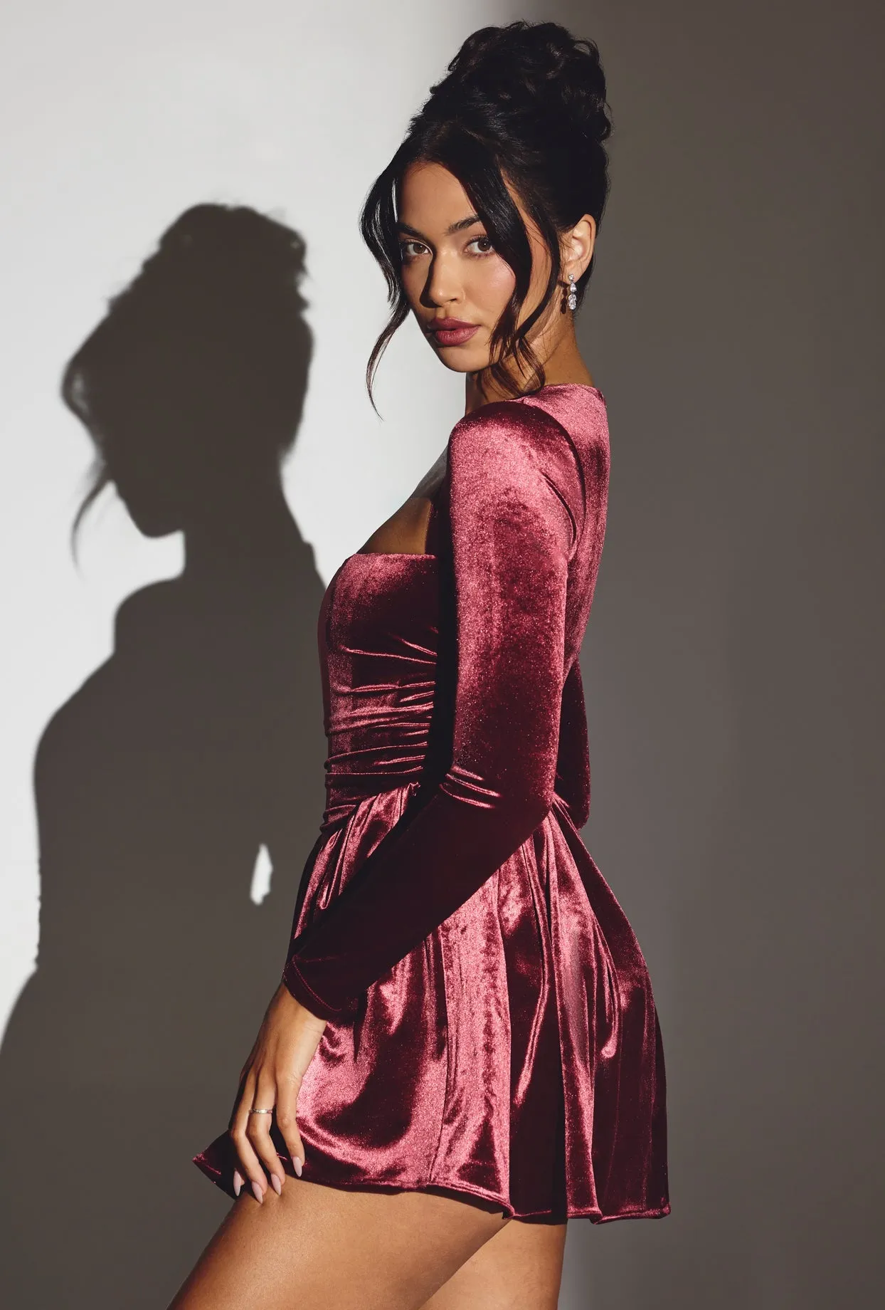 Velvet Long Sleeve Corset Mini Dress in Wine