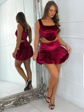 Velvet Sparkle Square Neck Top & Puff Ball Skirt Co-ord - Wine