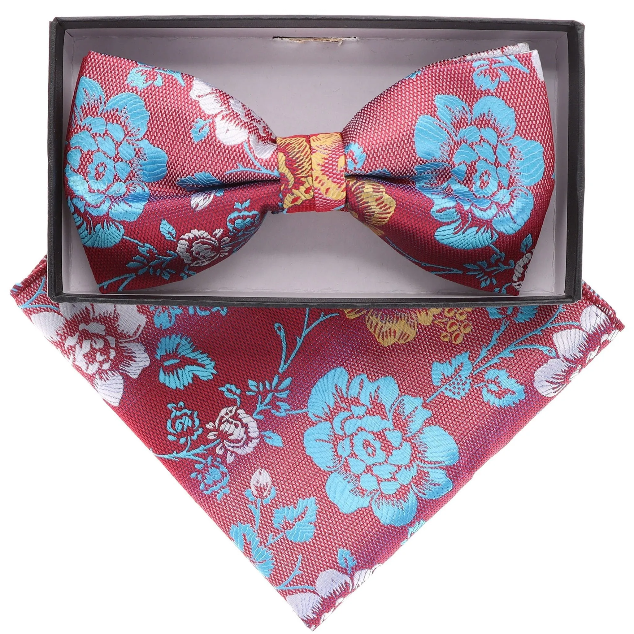 Vittorio Farina Men's Floral Design Satin Bow Tie & Pocket Square in Gift Box