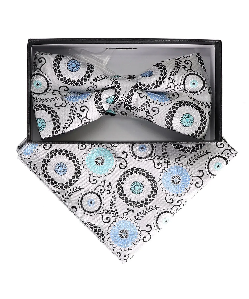 Vittorio Farina Men's Floral Design Satin Bow Tie & Pocket Square in Gift Box