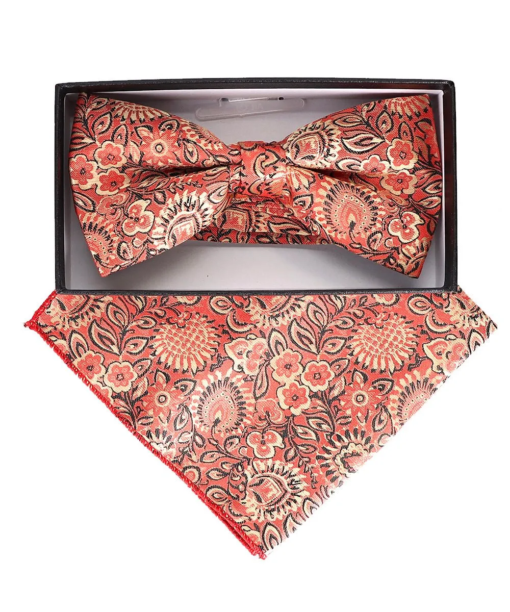 Vittorio Farina Men's Floral Design Satin Bow Tie & Pocket Square in Gift Box