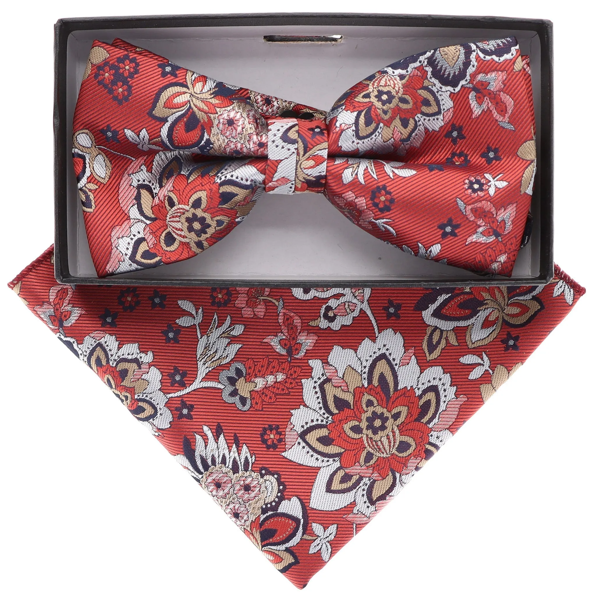 Vittorio Farina Men's Floral Design Satin Bow Tie & Pocket Square in Gift Box