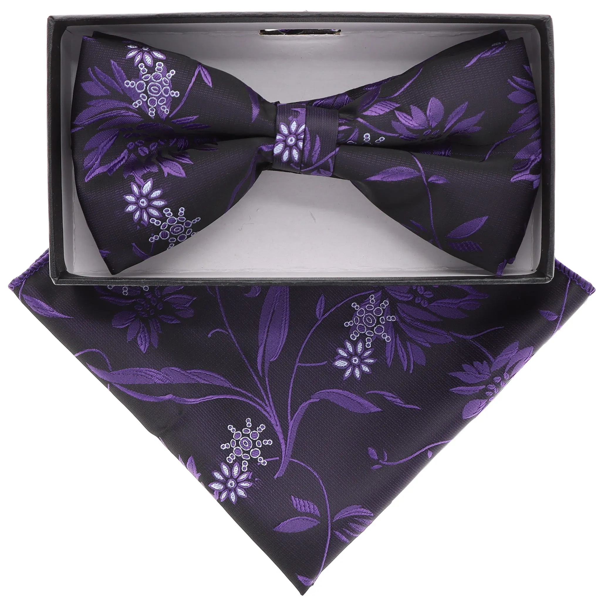 Vittorio Farina Men's Floral Design Satin Bow Tie & Pocket Square in Gift Box