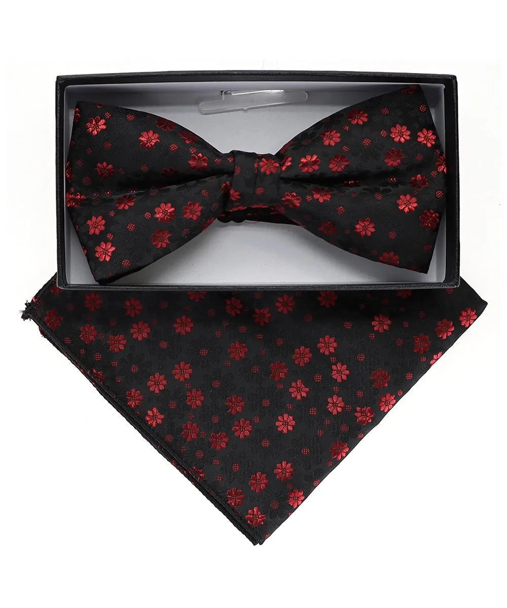 Vittorio Farina Men's Floral Design Satin Bow Tie & Pocket Square in Gift Box