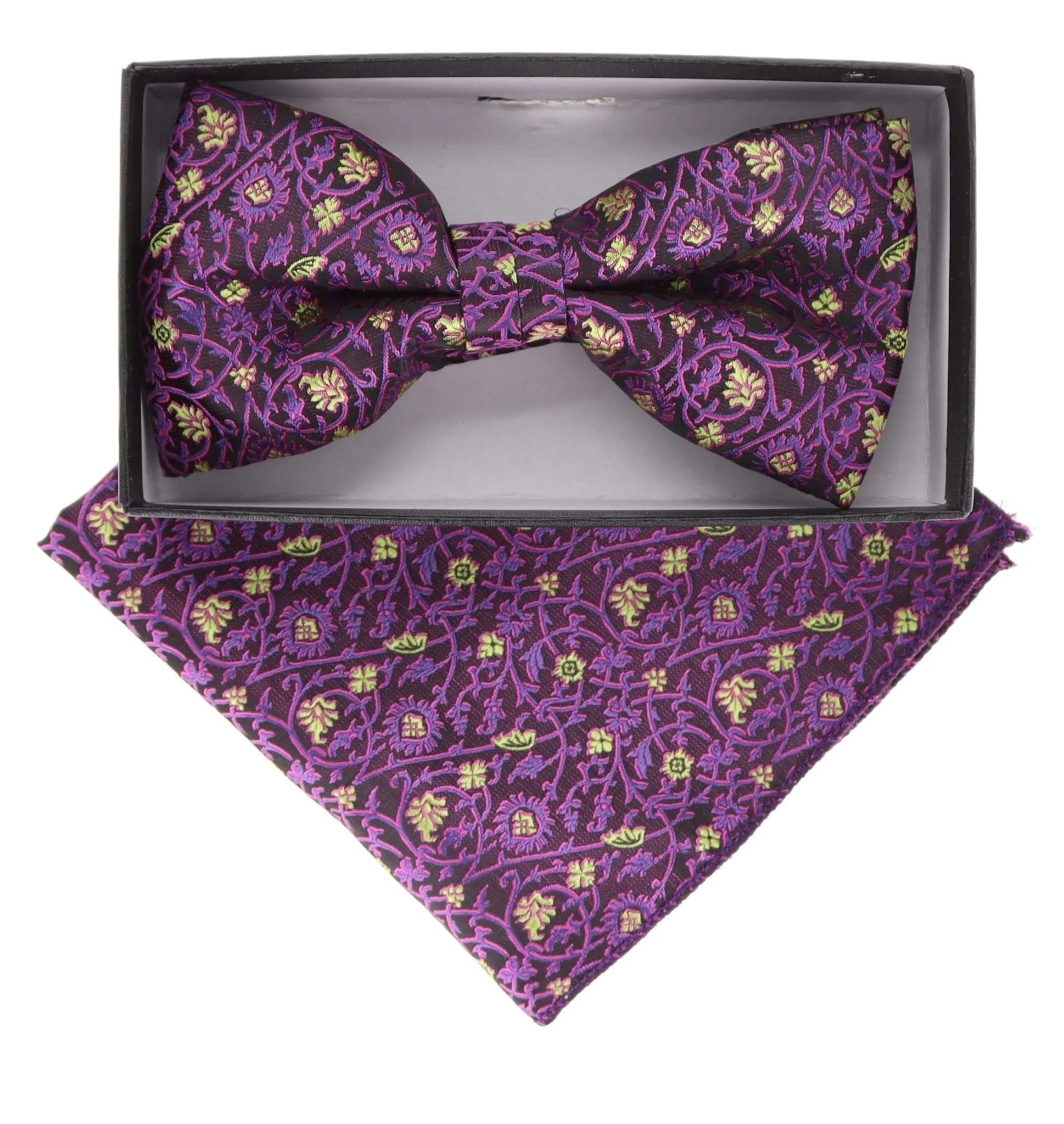 Vittorio Farina Men's Floral Design Satin Bow Tie & Pocket Square in Gift Box