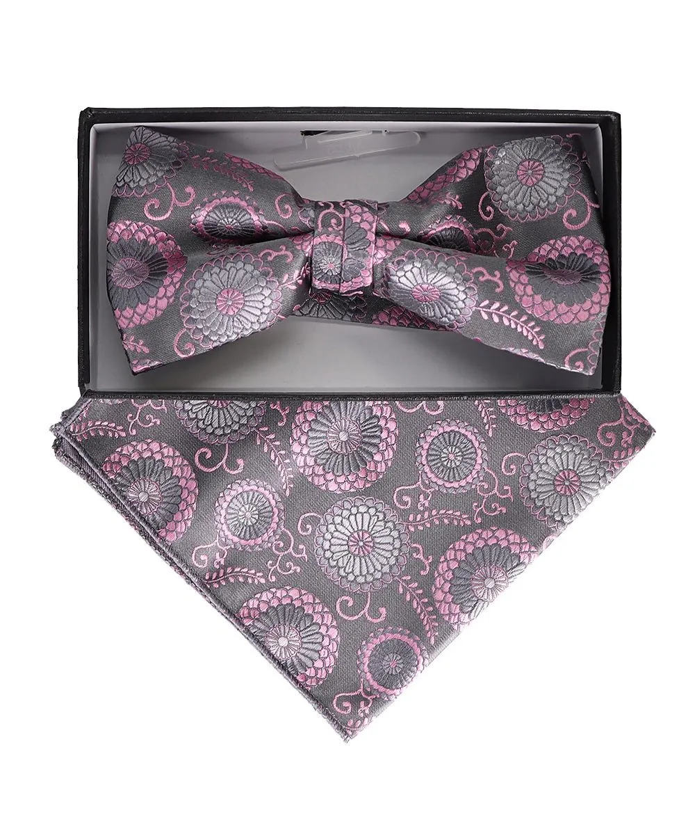 Vittorio Farina Men's Floral Design Satin Bow Tie & Pocket Square in Gift Box