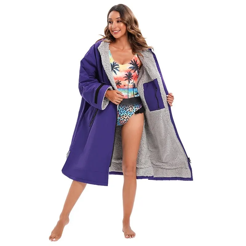 Warm Waterproof Swim Parka Oversized Hooded Robe Sherpa Liner Swimming Coat Dry Robe Surf One Size Poncho