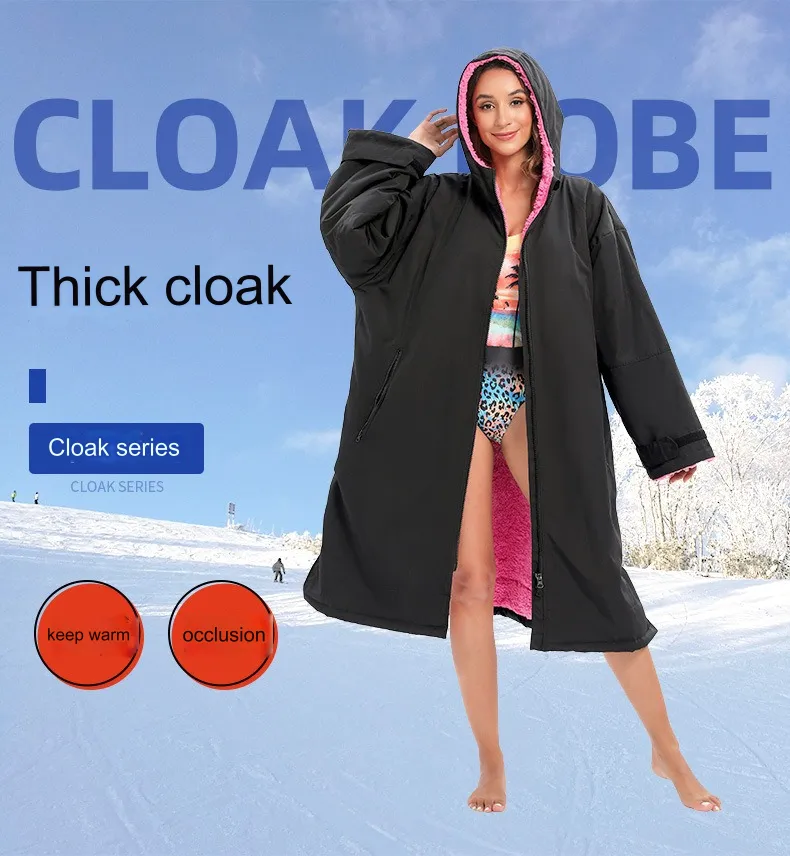 Warm Waterproof Swim Parka Oversized Hooded Robe Sherpa Liner Swimming Coat Dry Robe Surf One Size Poncho