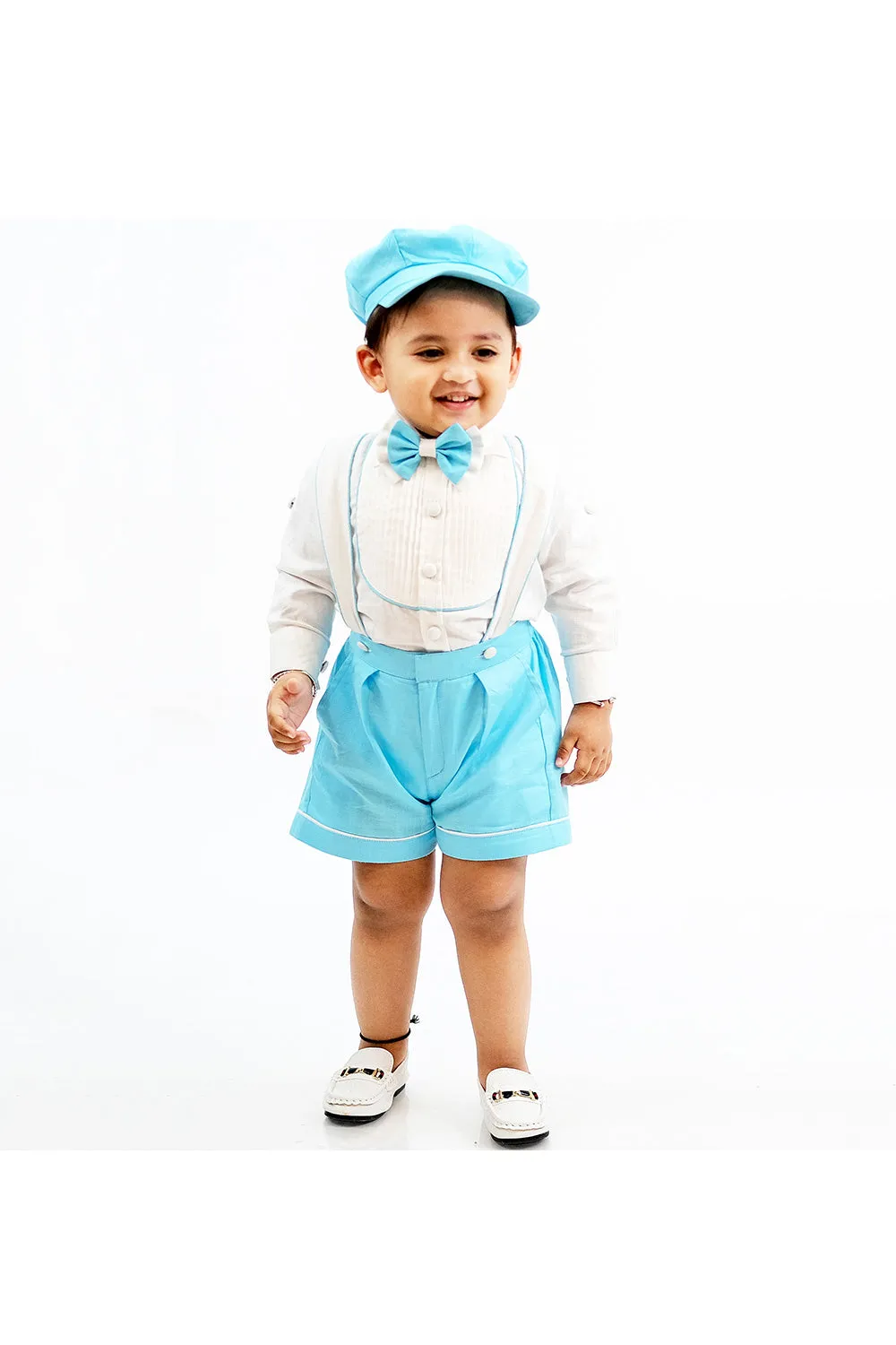 White Pure Linen Shirt With Suspender And Bow Set