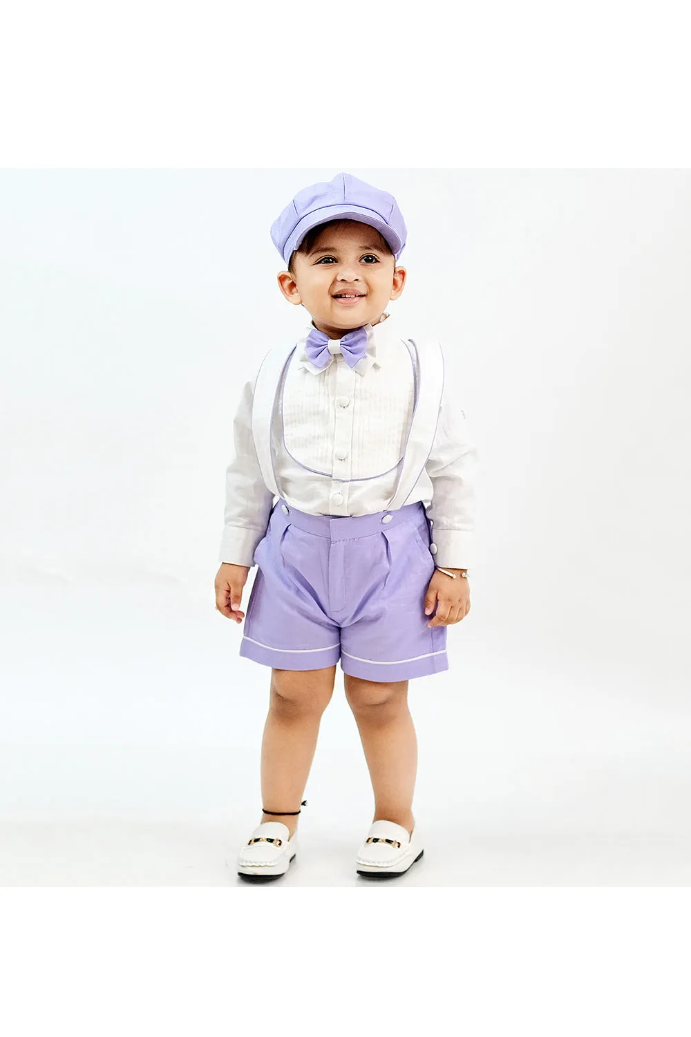 White Pure Linen Shirt With Suspender And Bow Set