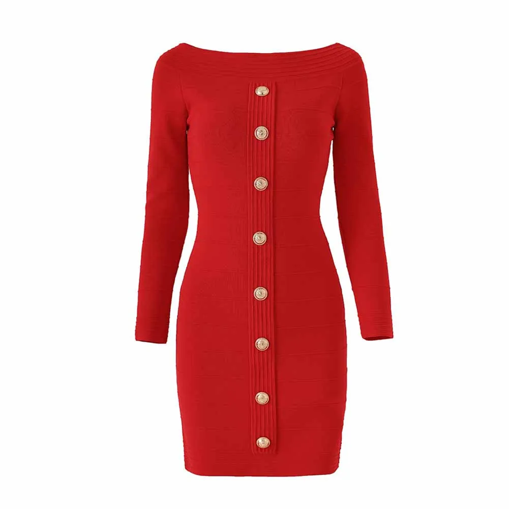 Women Knitted Mini Red Dress Ladies Long Sleeve Mini Knitted Dress