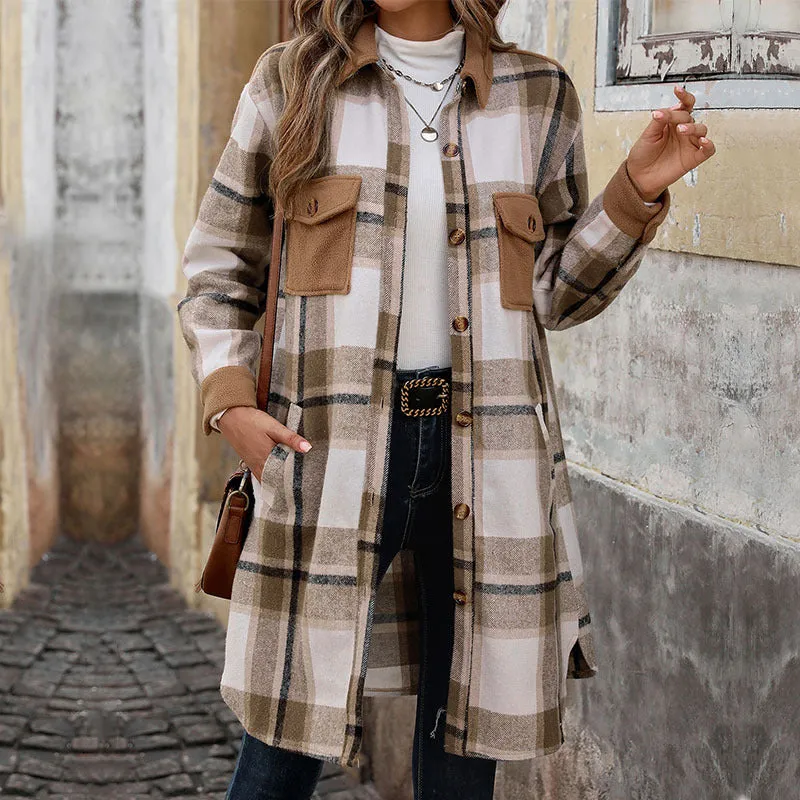 Womens Brushed Plaid Long Coat