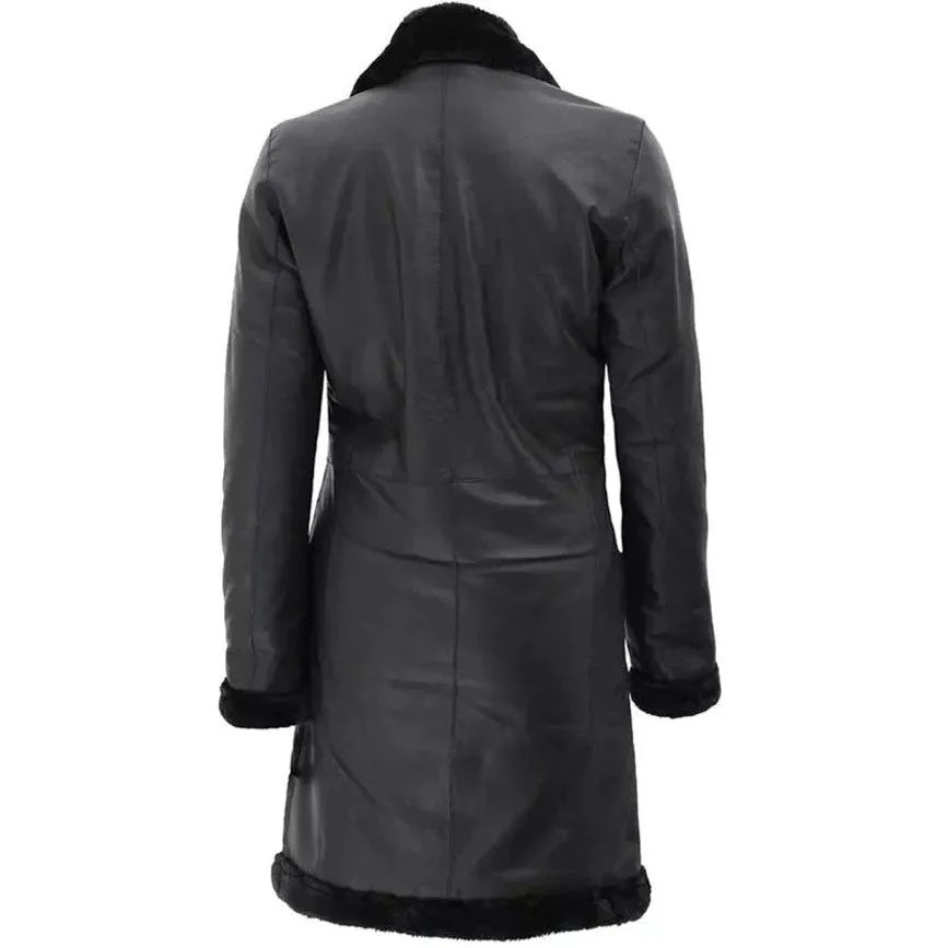 Womens Leather Shearling Long Coat in Black