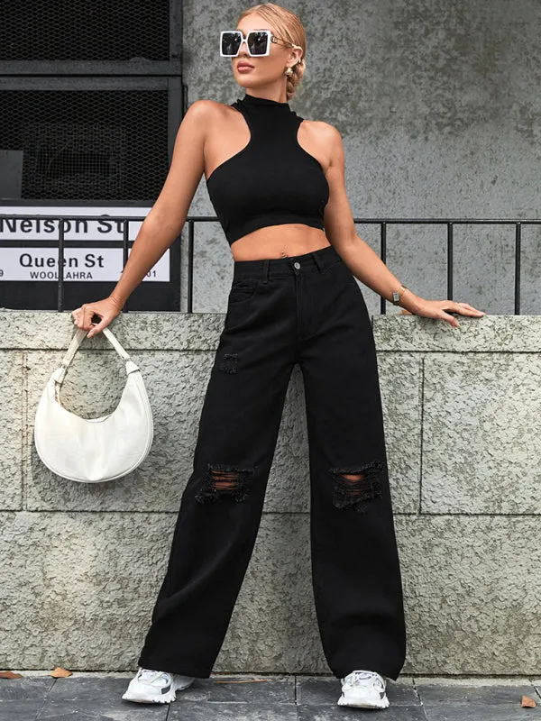 Women's Ripped High Waist Wide Leg Jeans