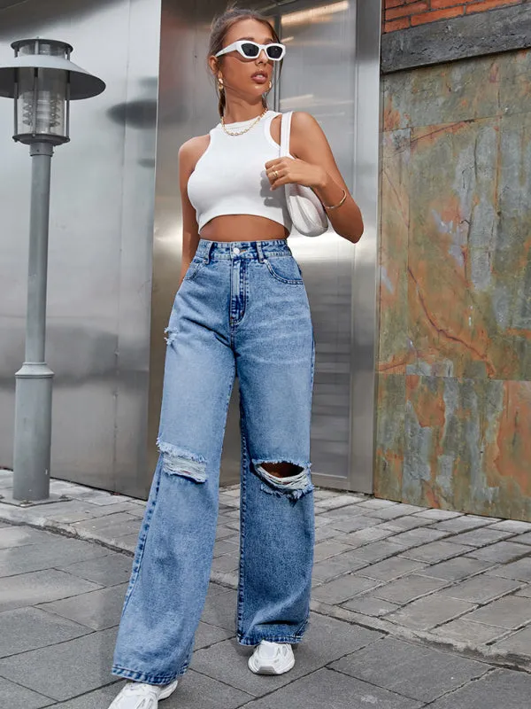 Women's Ripped High Waist Wide Leg Jeans