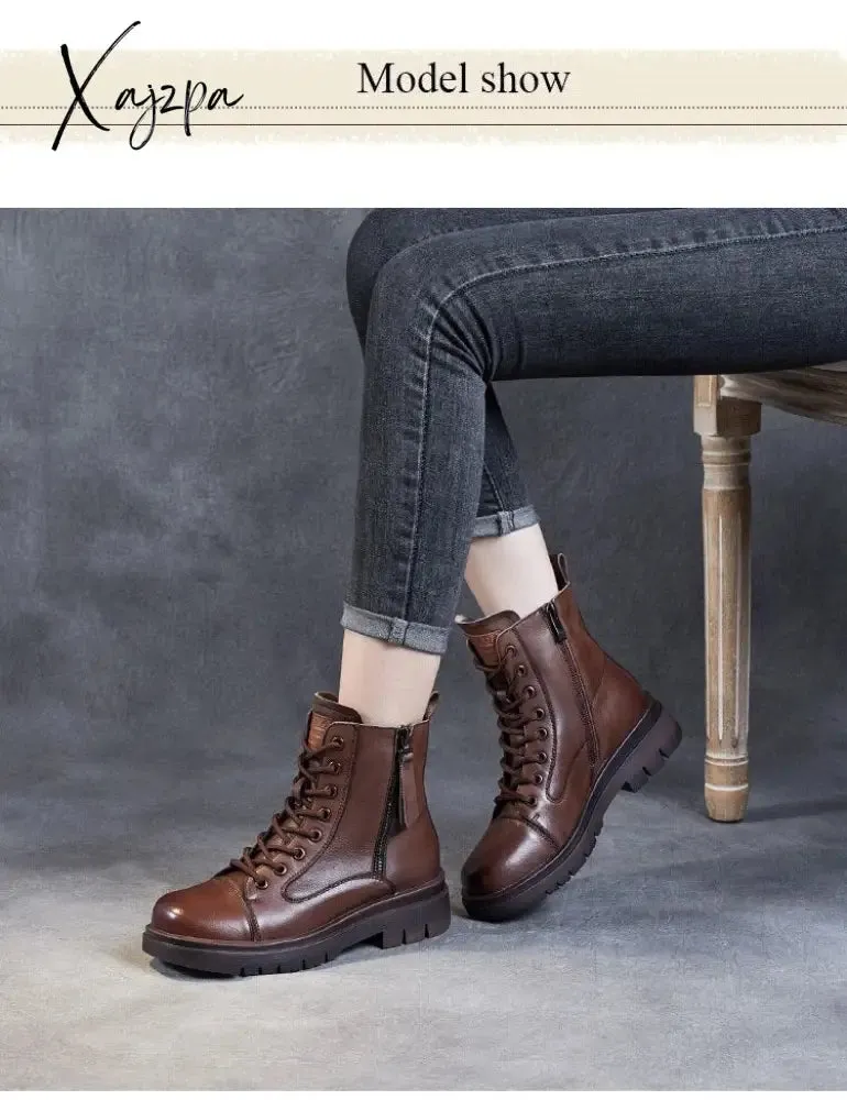 Xajzpa - 2023 Autumn Winter Warm Ankle Boots For Women Luxury Genuine Cow Leather Square Heel Platform Casual Short Boots Retro