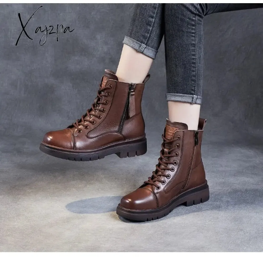 Xajzpa - 2023 Autumn Winter Warm Ankle Boots For Women Luxury Genuine Cow Leather Square Heel Platform Casual Short Boots Retro