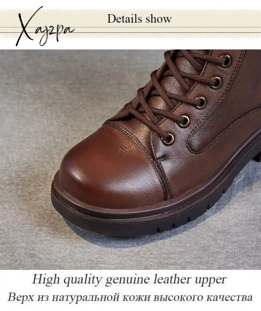 Xajzpa - 2023 Autumn Winter Warm Ankle Boots For Women Luxury Genuine Cow Leather Square Heel Platform Casual Short Boots Retro