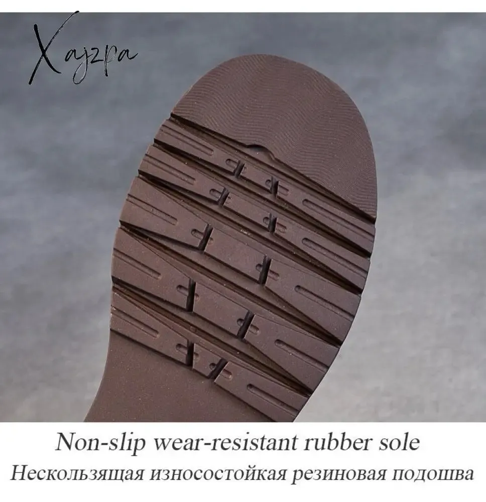 Xajzpa - 2023 Autumn Winter Warm Ankle Boots For Women Luxury Genuine Cow Leather Square Heel Platform Casual Short Boots Retro