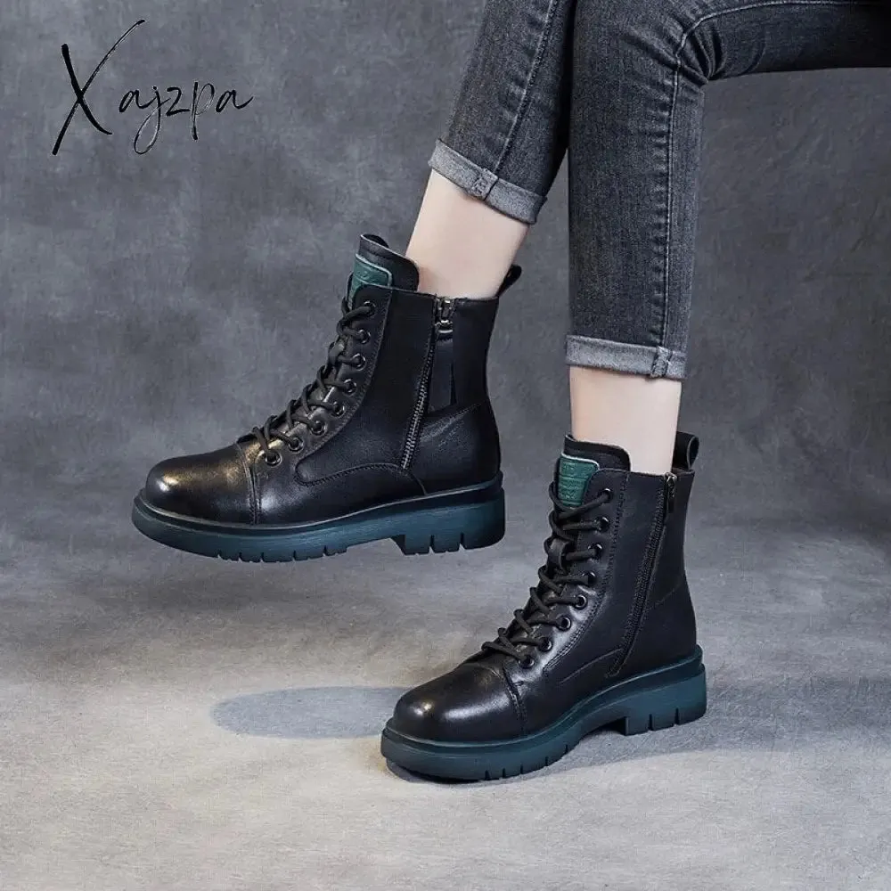 Xajzpa - 2023 Autumn Winter Warm Ankle Boots For Women Luxury Genuine Cow Leather Square Heel Platform Casual Short Boots Retro