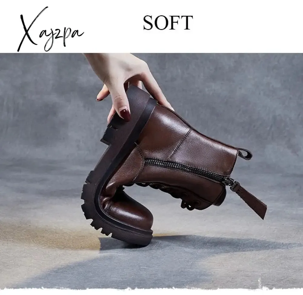 Xajzpa - 2023 Autumn Winter Warm Ankle Boots For Women Luxury Genuine Cow Leather Square Heel Platform Casual Short Boots Retro