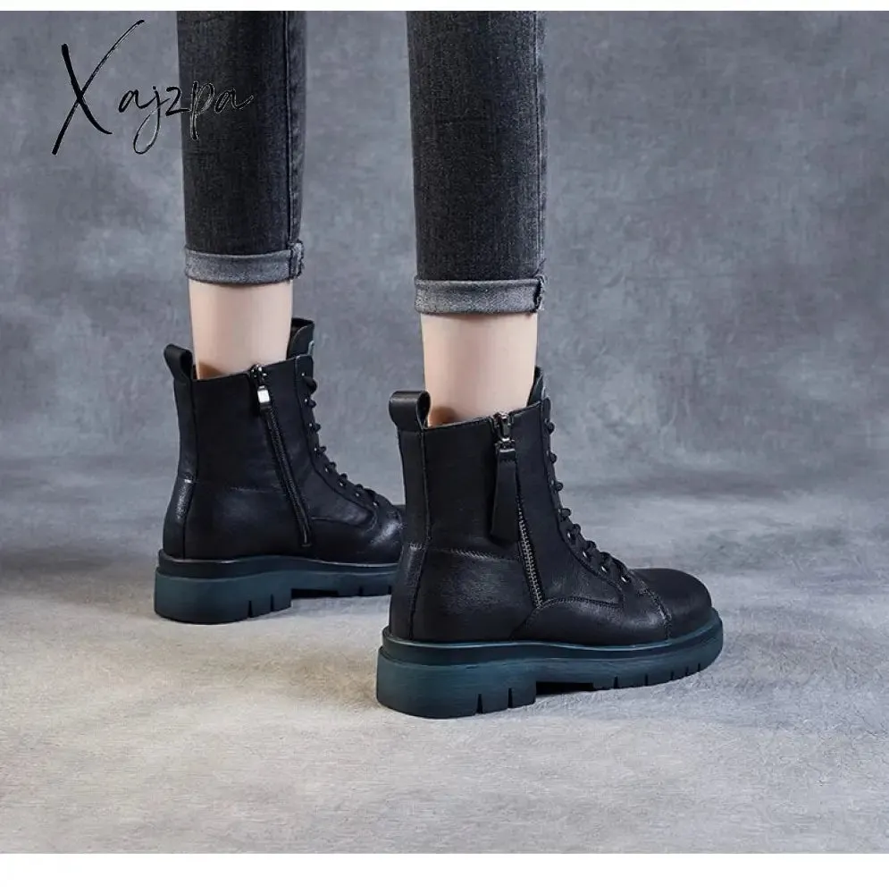 Xajzpa - 2023 Autumn Winter Warm Ankle Boots For Women Luxury Genuine Cow Leather Square Heel Platform Casual Short Boots Retro