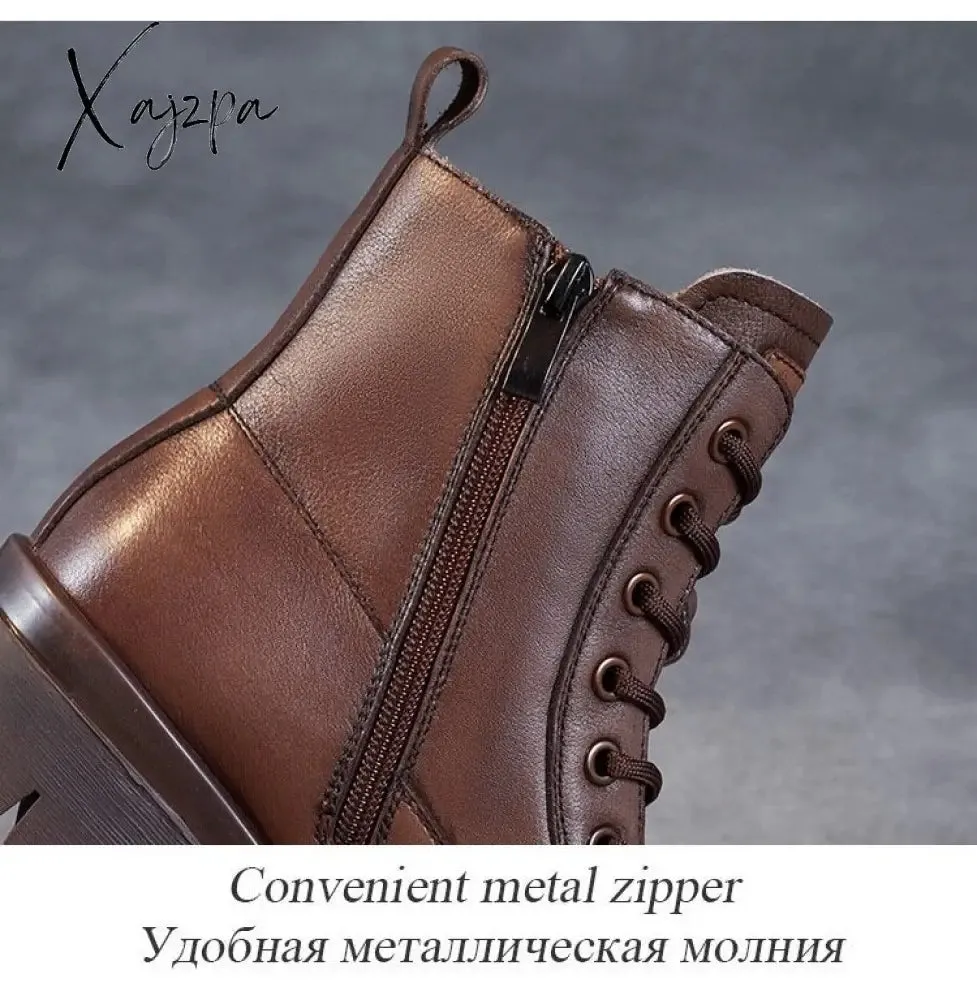 Xajzpa - 2023 Autumn Winter Warm Ankle Boots For Women Luxury Genuine Cow Leather Square Heel Platform Casual Short Boots Retro