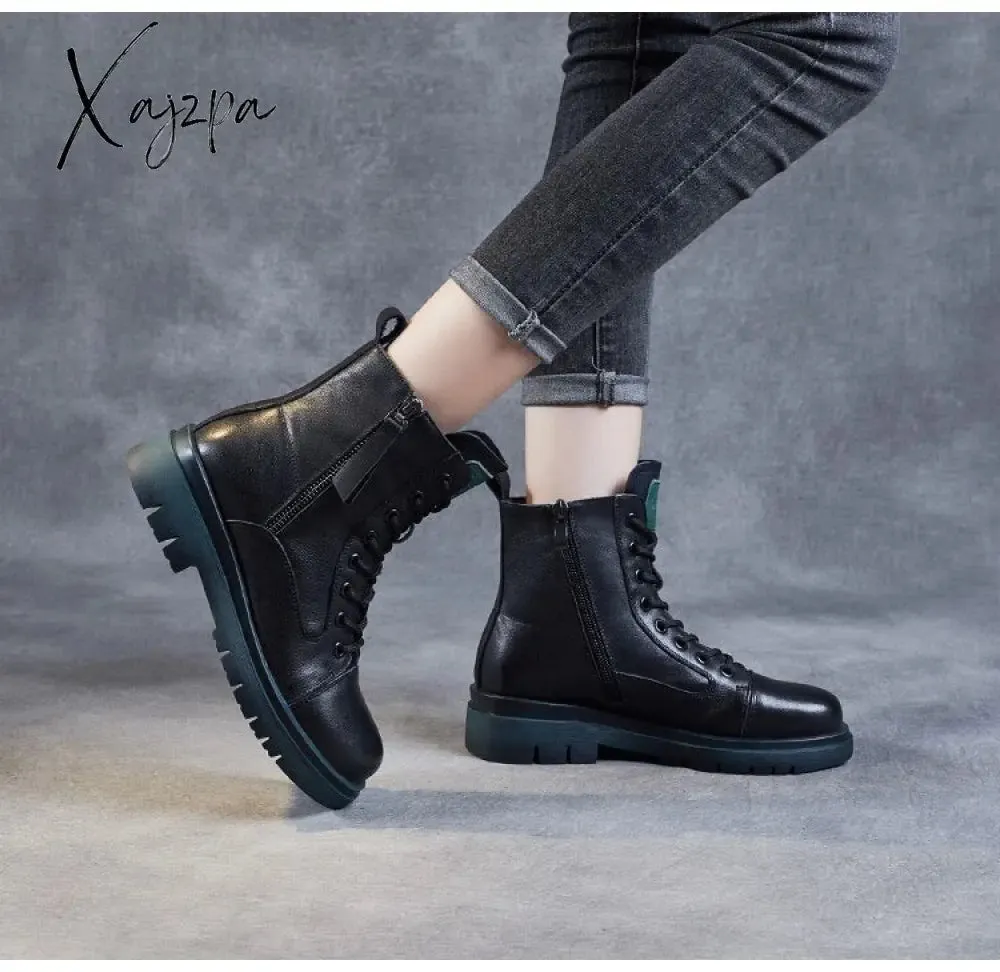 Xajzpa - 2023 Autumn Winter Warm Ankle Boots For Women Luxury Genuine Cow Leather Square Heel Platform Casual Short Boots Retro