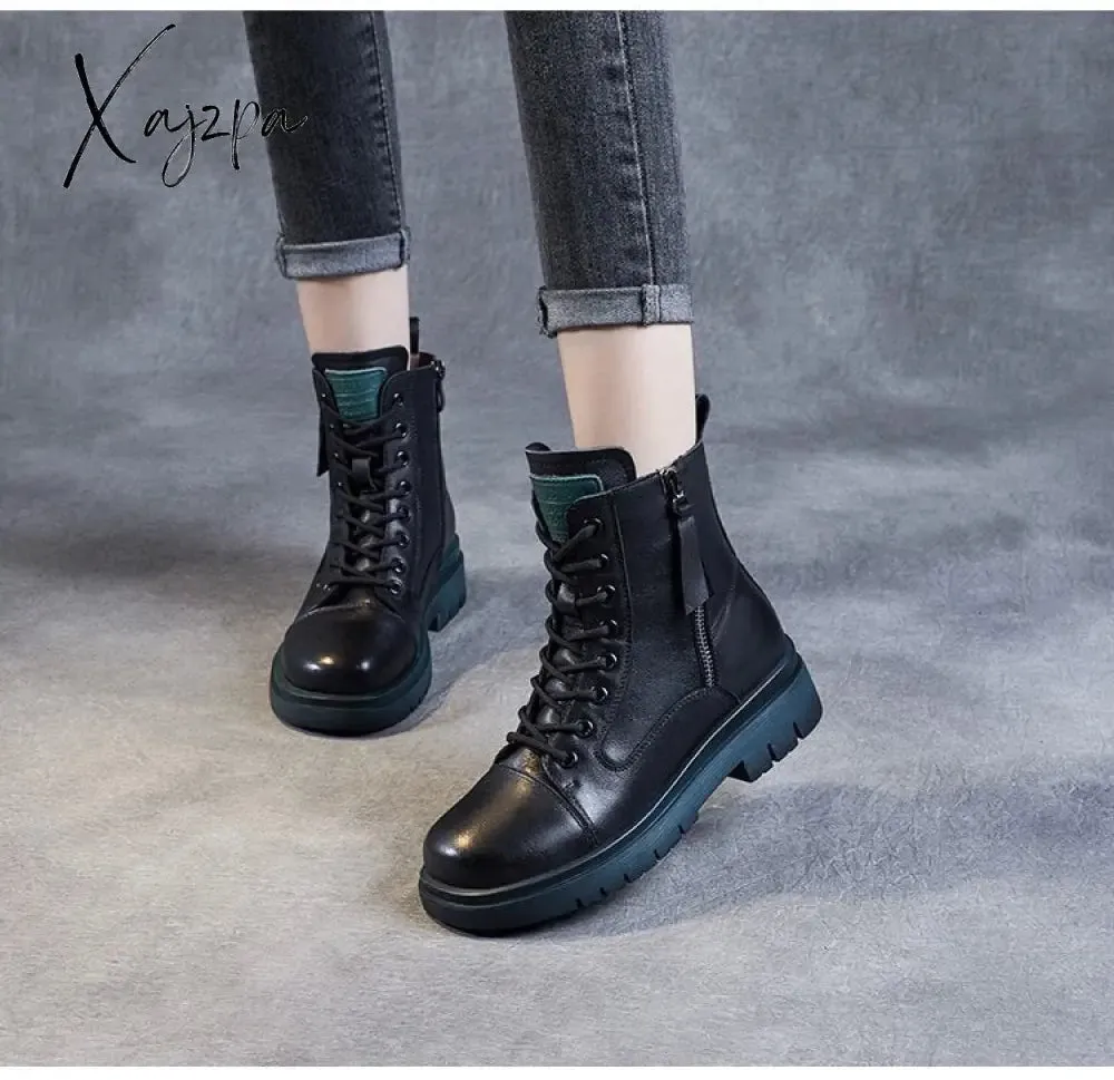 Xajzpa - 2023 Autumn Winter Warm Ankle Boots For Women Luxury Genuine Cow Leather Square Heel Platform Casual Short Boots Retro