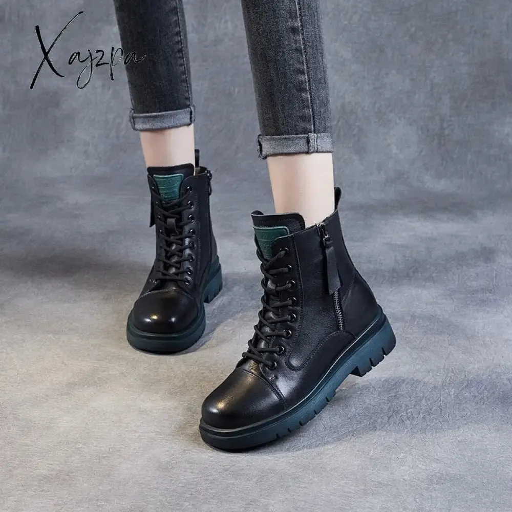 Xajzpa - 2023 Autumn Winter Warm Ankle Boots For Women Luxury Genuine Cow Leather Square Heel Platform Casual Short Boots Retro