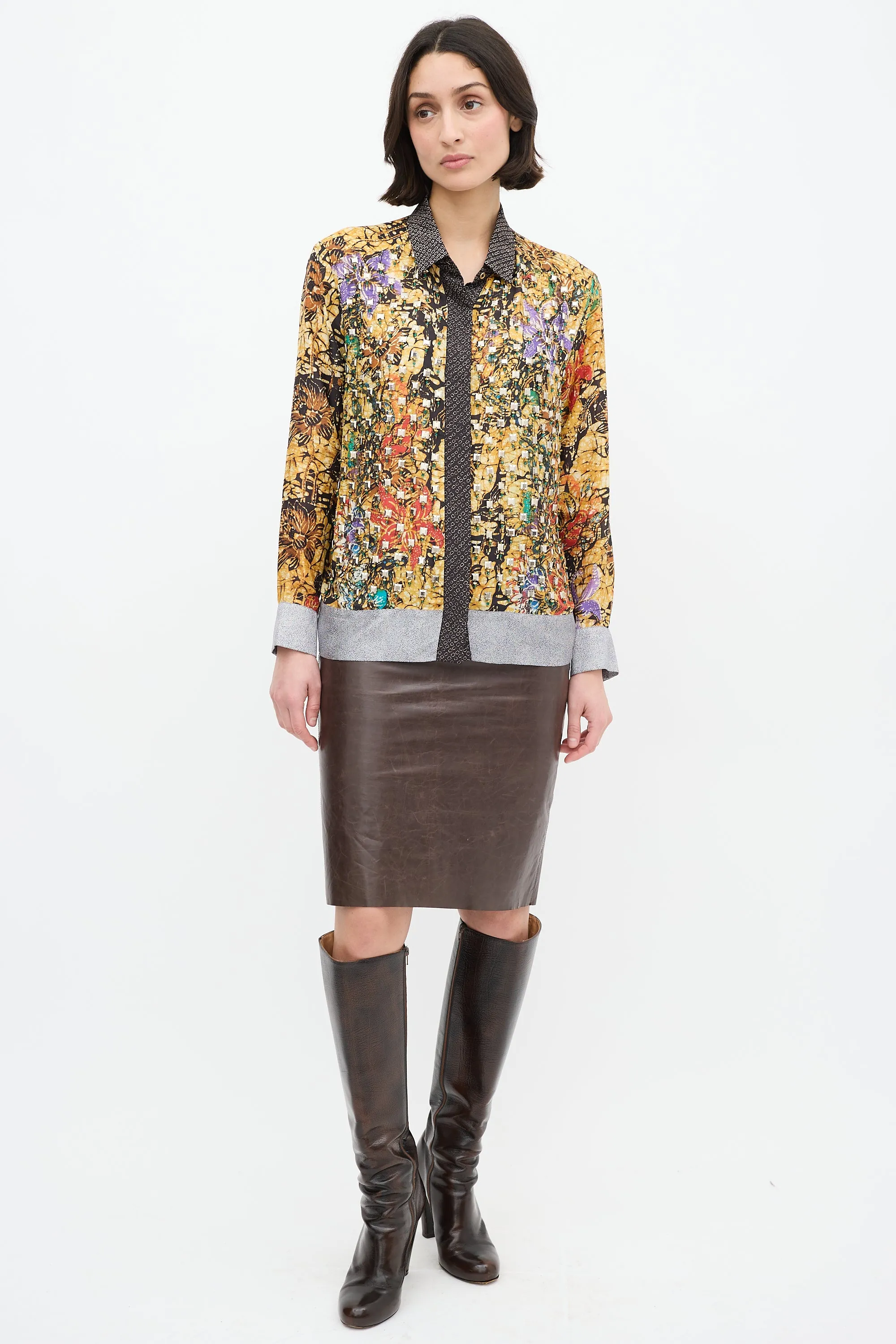 Yellow & Multi Silk Printed Embellished Shirt