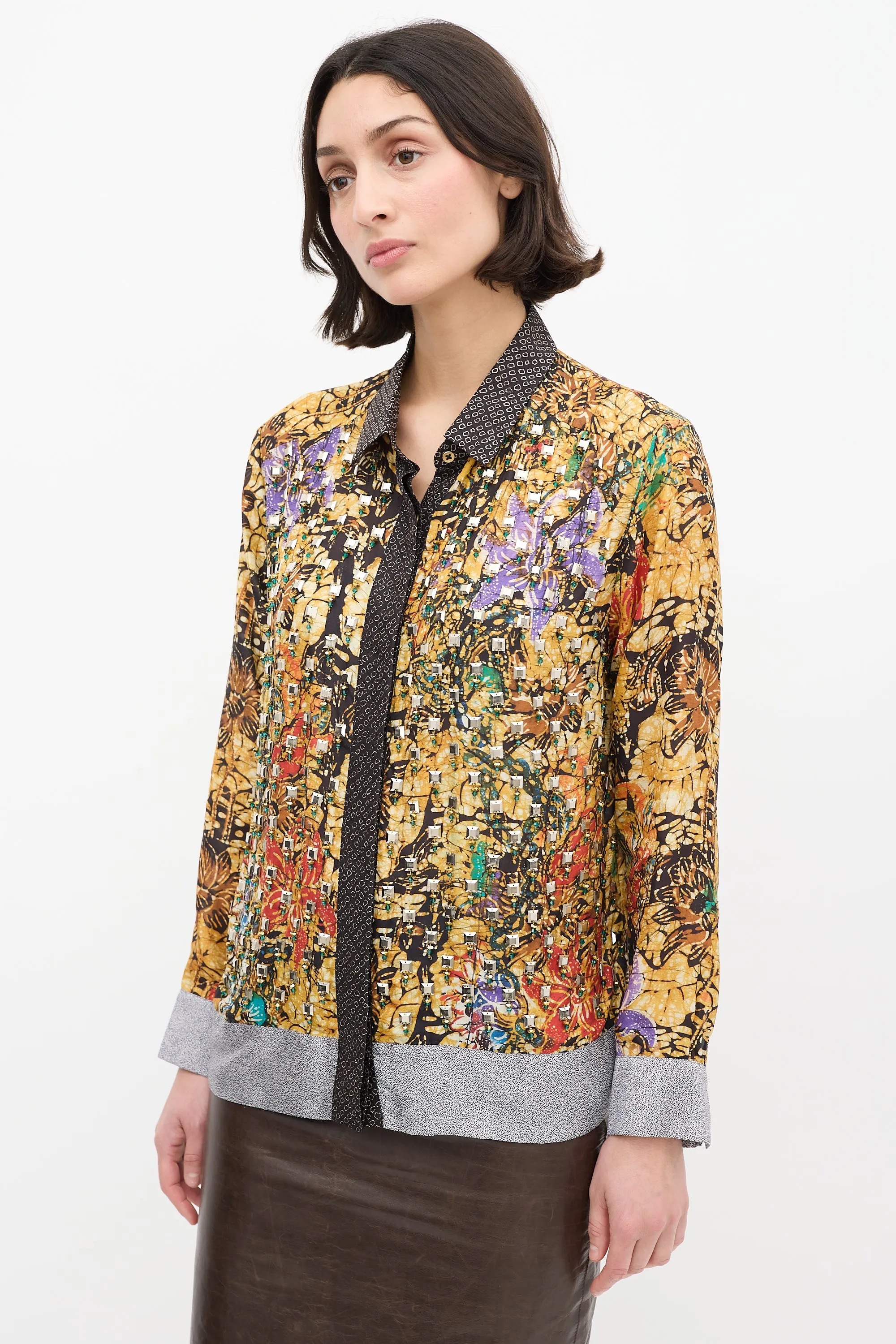 Yellow & Multi Silk Printed Embellished Shirt