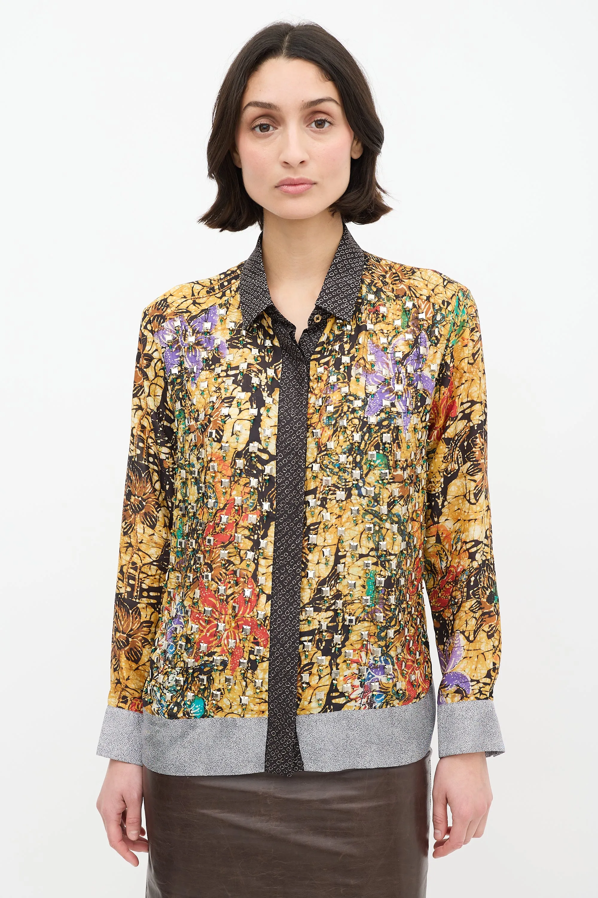 Yellow & Multi Silk Printed Embellished Shirt